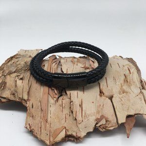Black Leather Braided Double Bracelet with Black Clasp